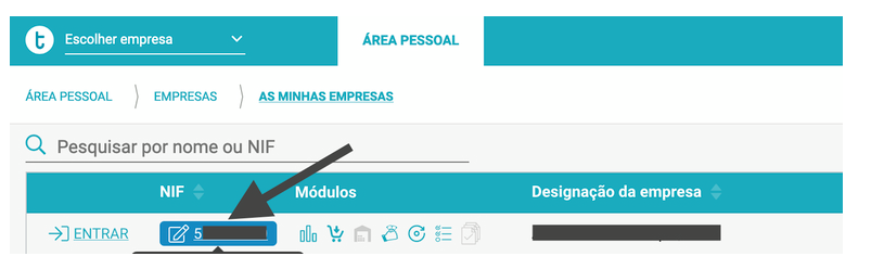 Seleção de empresa no TOConline