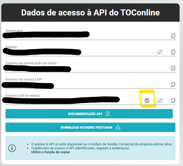 Formulário de configuração do URI de redirect