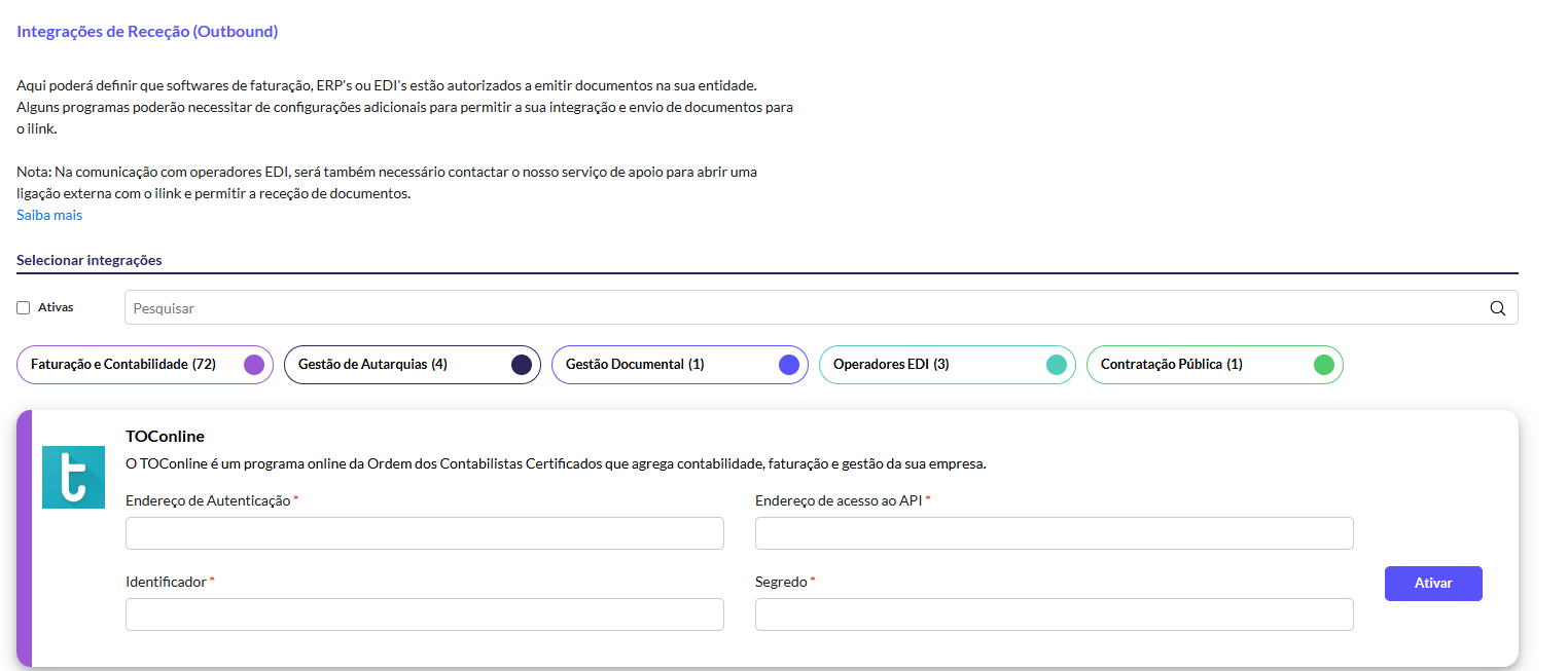 Página de integrações no ilink