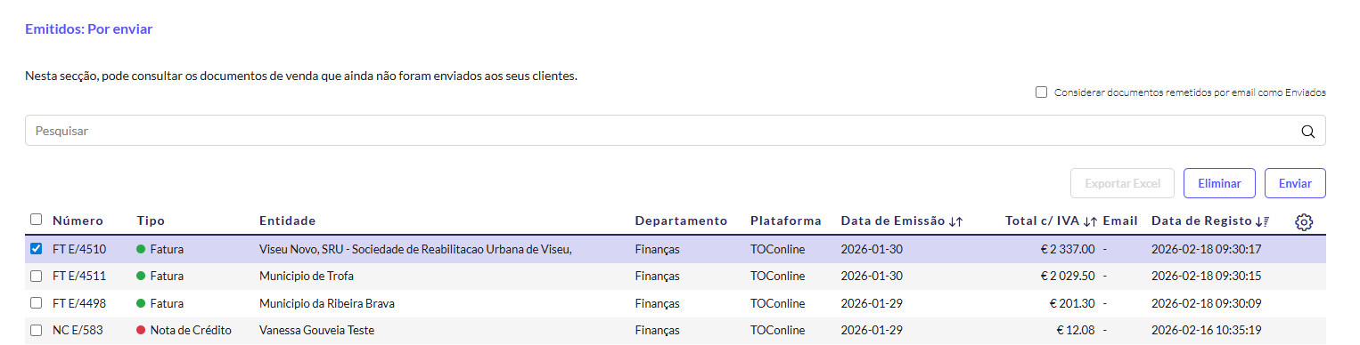 Documentos importados na área Por Enviar