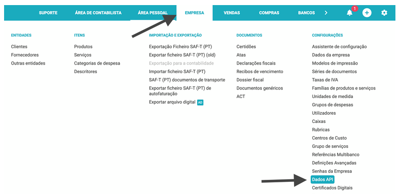 API settings menu in TOConline