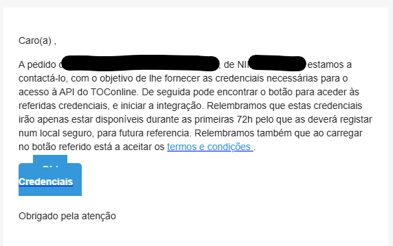 Email with link to API credentials