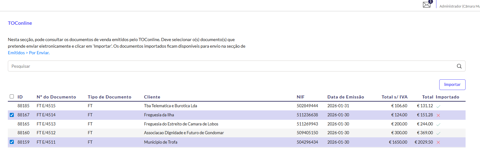 List of documents available for import
